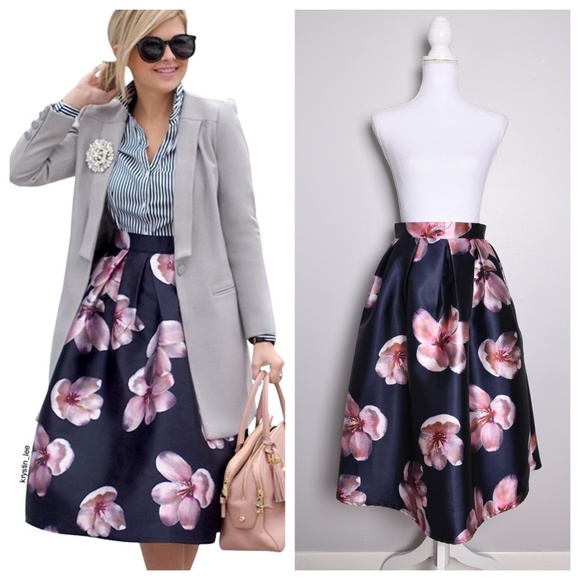 Chicwish Dresses & Skirts - Chicwish Peach Blossom Floral Midi Full Skirt Navy